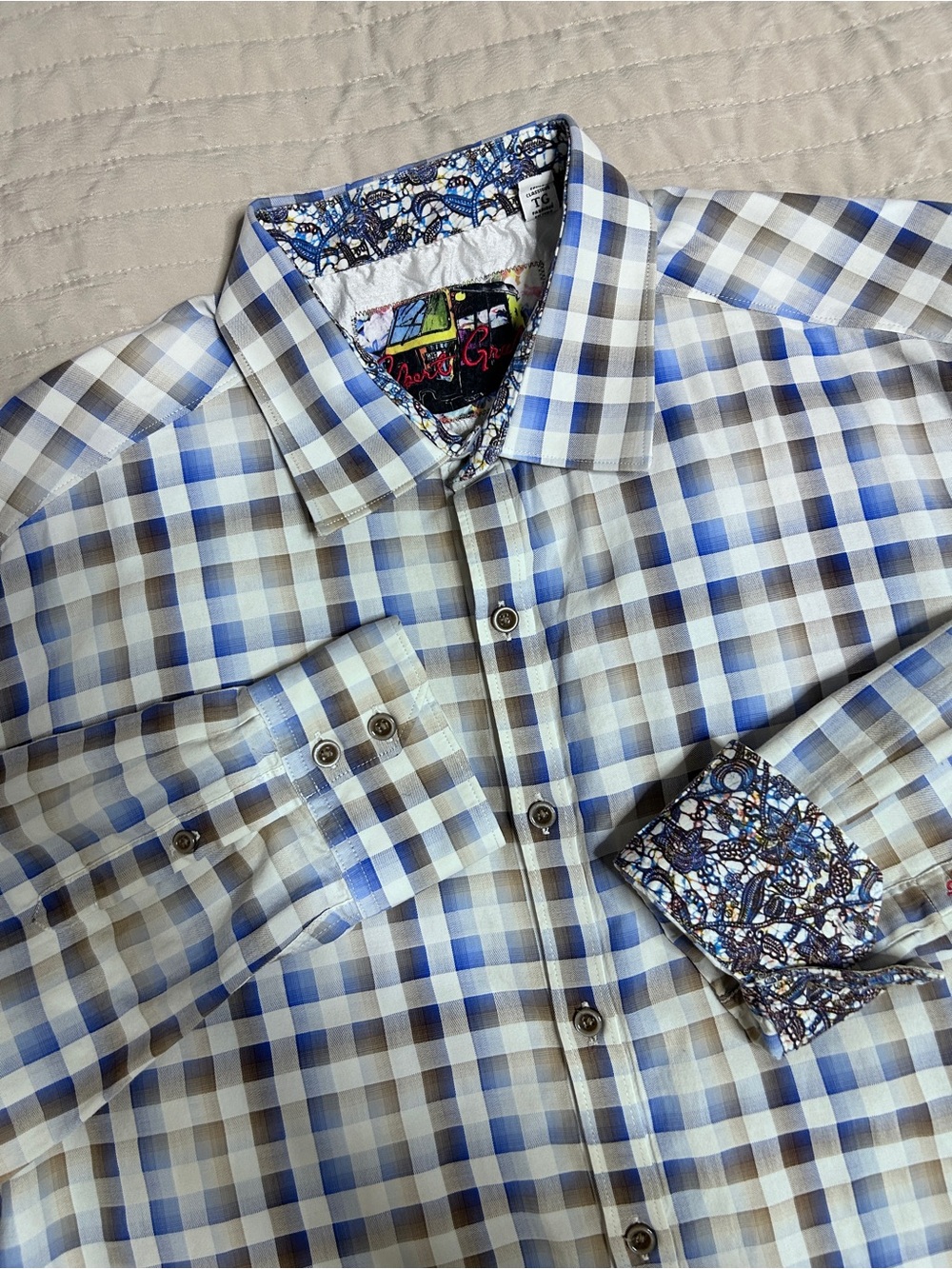 Robert Graham Mens XL Blue Brown White Plaid Button-Up Shirt Flip Cuff *FLAW
